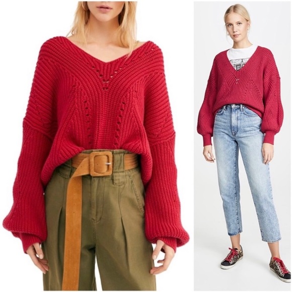 Free People All Day Long Red Chunky Knit V Neck Slouchy Women’s Sweater Cable - Picture 1 of 11